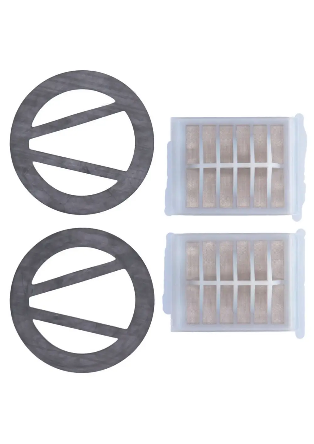 Judo Ersatzteilset mit zwei Dichtungen und zwei Sieben. Die Teile sind rund und haben ein rautenförmiges Sieb. Geeignet für Installationen im Bereich Wasseraufbereitung.